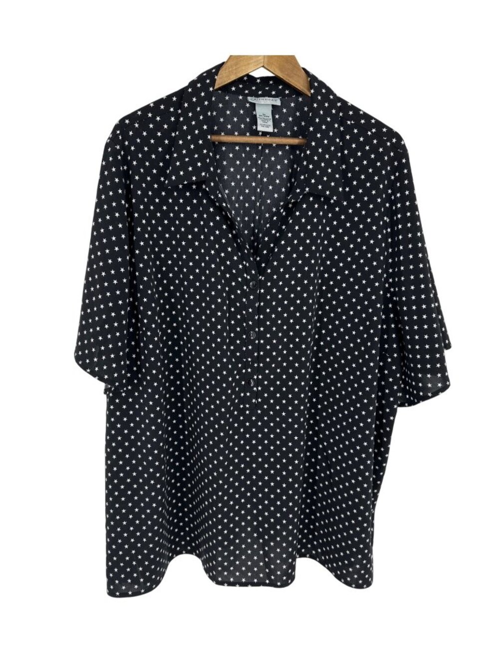 Catherines Womens Star Print Half Button Down Black Blouse Women's Sz 3X 26/28W